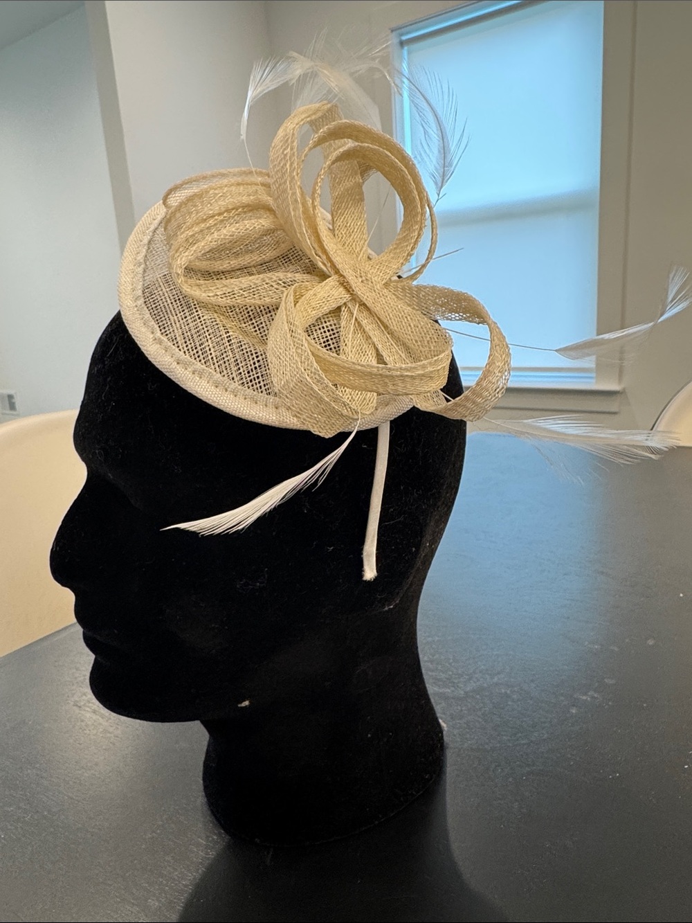 Beige Straw Fascinator Hat with Feather Accents